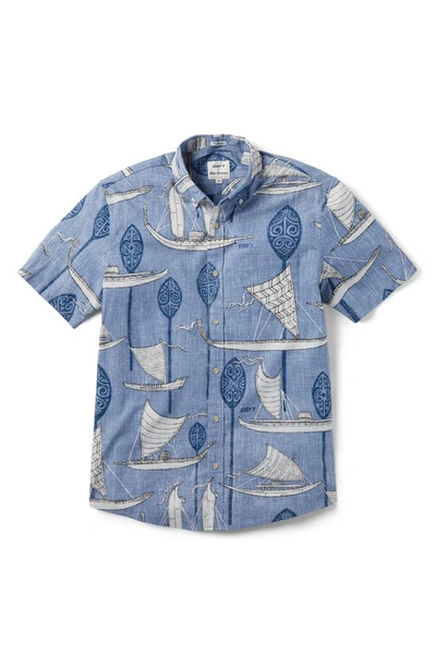 Reyn Spooner X Eddy Y South Pacific Voyagers Short Sleeve Button-down Shirt In Infinity Blue