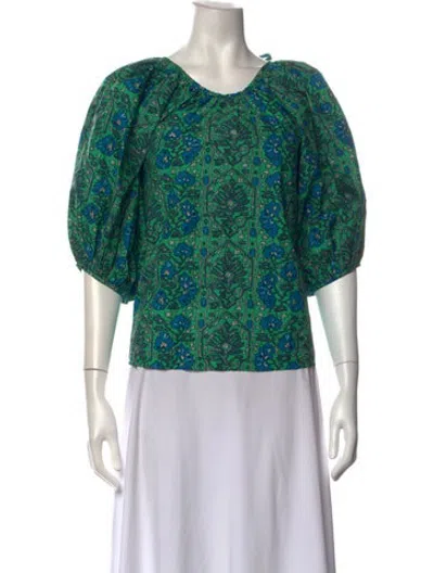 Pre-owned Rhode Floral Print Tie Neck Top In Green
