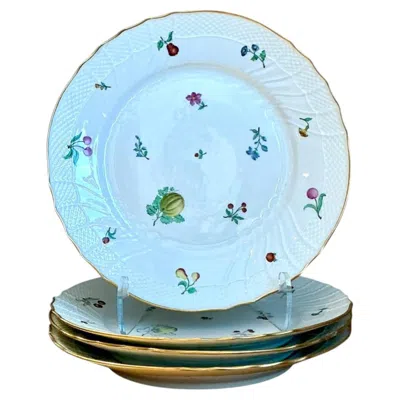 Pre-owned Richard Ginori Vintage  Italian Floral And Fruit Porcelain Plates - Set Of 4 In Blue
