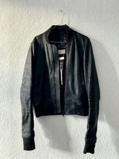 Pre-owned Rick Owens F/w 16 Gunmetal Grained Leather Bomber Jacket In Black