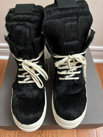 Pre-owned Rick Owens Geobasket Black And Milk Long Hair Pony Shoes