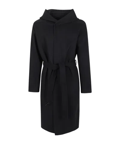 Rick Owens Hooded Belted Long Coat In Black