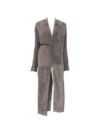 Rick Owens Leather Long Coat In Gray