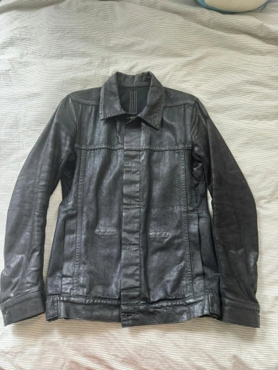 Pre-owned Rick Owens Waxed Leather Sleeve Worker Denim Jacket In Black