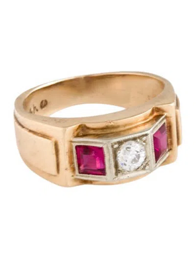 Pre-owned Ring 14k Synthetic Ruby & Diamond Signet Band In Multicolor
