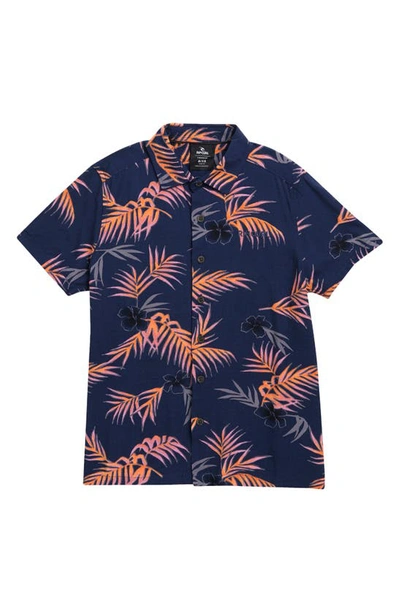 Rip Curl Kids' Surf Revival Floral Short Sleeve Button-up Shirt In Washed Navy