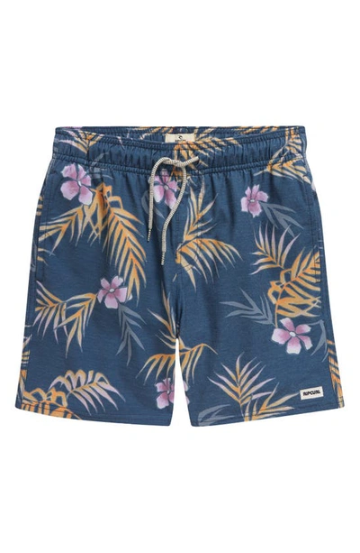 Rip Curl Kids' Surf Revival Floral Volley Swim Trunks In Washed Navy