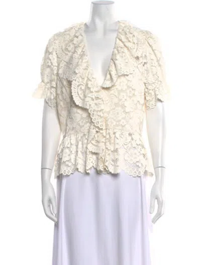 Pre-owned Rixo London Lace Pattern V-neck Blouse In Neutrals