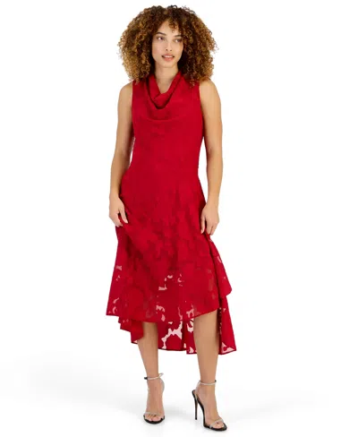 Robbie Bee Petite Burnout Drape Cowl-neck Fit & Flare High-low Hem Chiffon Dress In Red