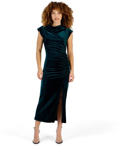 Robbie Bee Petite Side Ruche Velvet Cowl Neck Midi Dress In Blue