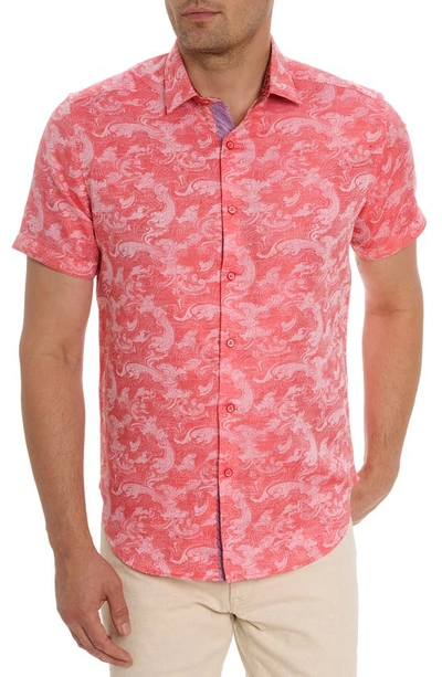 Robert Graham Poseidon Short Sleeve Linen & Cotton Jacquard Button-up Shirt In Coral