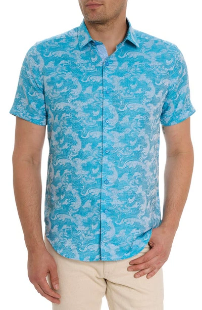 Robert Graham Poseidon Short Sleeve Linen & Cotton Jacquard Button-up Shirt In Turquoise