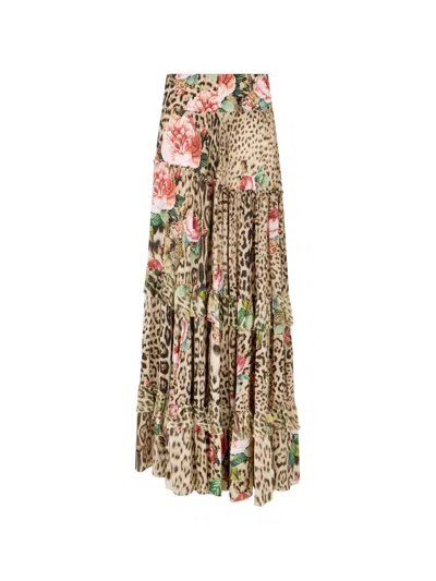 Roberto Cavalli Leopard-print Floral-motif Maxi Skirt In Red