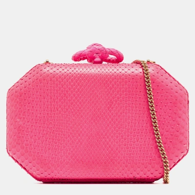 Pre-owned Roberto Cavalli Neon Pink Snakeskin Leather Chain Box Clutch