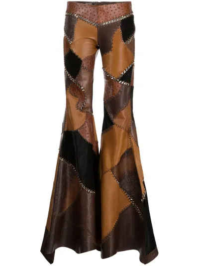Roberto Cavalli Patchwork Flared Leather Trousers In Brown