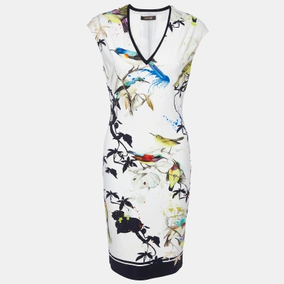 Pre-owned Roberto Cavalli White Floral Bird Print Crepe Sheath Dress M