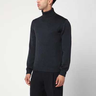 Roberto Collina Anthracite Grey Wool Turtleneck Sweater In Blue