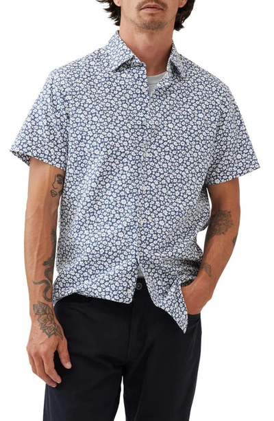 Rodd & Gunn Bolton Street Floral Print Short Sleeve Cotton Button-up Shirt In True Navy