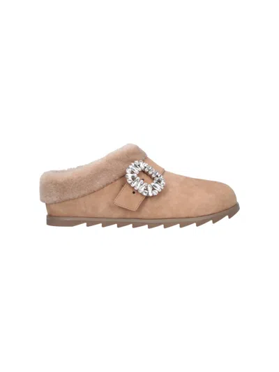 Roger Vivier Brown Slidy Viv Suede Shearling Mules