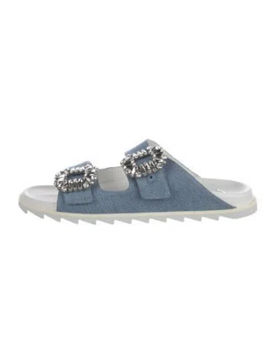 Pre-owned Roger Vivier Denim Crystal Embellishments Slides W/ Tags In Blue