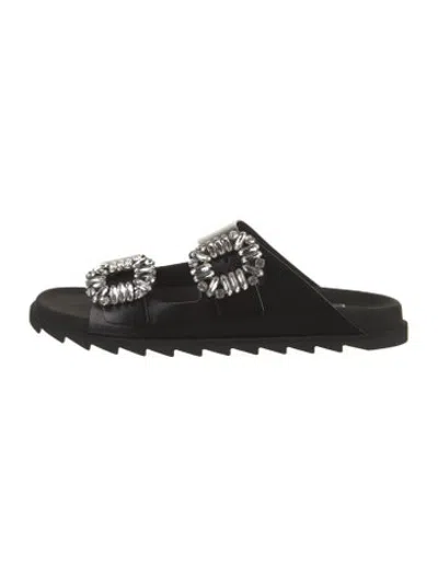 Pre-owned Roger Vivier Leather Crystal Embellishments Slides In Black