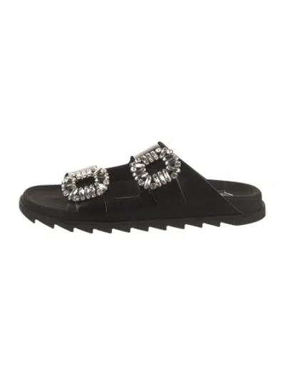 Pre-owned Roger Vivier Leather Crystal Embellishments Slides W/ Tags In Black