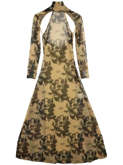 Rokh Floral-print Cut-out Dress In Neutrals