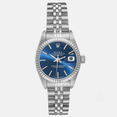 Pre-owned Rolex Datejust Steel White Gold Blue Dial Ladies Watch 69174 26 Mm