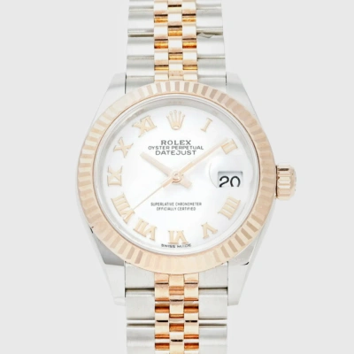 Pre-owned Rolex White 18k Rose Gold Stainless Steel Datejust 279171 Automatic Women's Wristwatch 28 Mm