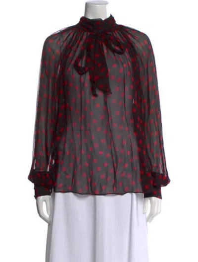 Pre-owned Ronny Kobo Polka Dot Print Tie Neck Blouse In Red
