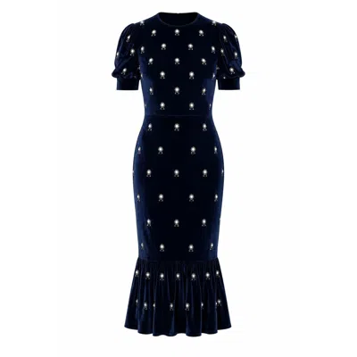 Rose & Nancy Women's Blue Stevie Navy Velvet Hand Embellished Midi Dress