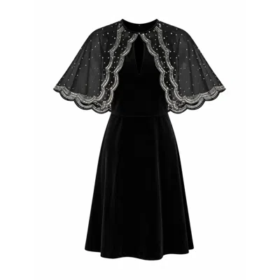 Rose & Nancy Women's Heidi Black Velvet Hand Embroidered Cape Mini Dress