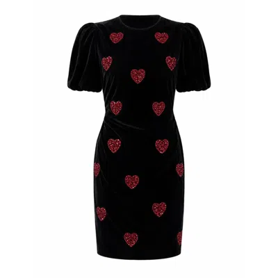 Rose & Nancy Women's Rosheen Black Velevt Hand Embellished Heart Mini Dress