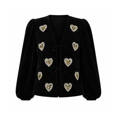 Rose & Nancy Women's Rosheen Black Velvet Hand Embellished Heart Tie Front Top