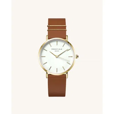 Rosefield Gold  West Village Ladies Watch With Cognac Leather Strap In Brown