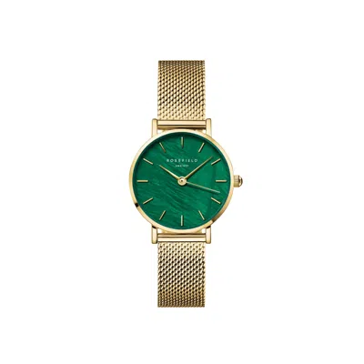 Rosefield Small Edit Ladies Gold Tone Watch With Emerald Green Dial & Mesh Bracelet Strap