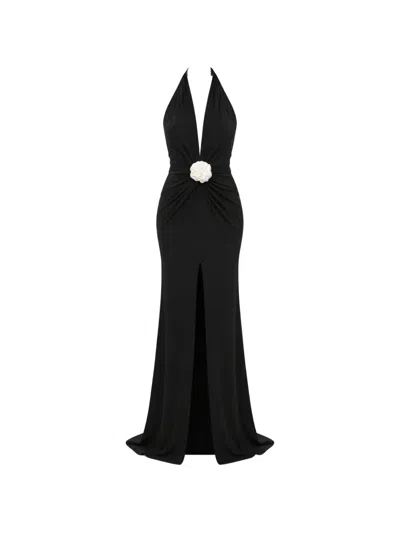 Roserry Flower-embellished Open-back Dress In Black