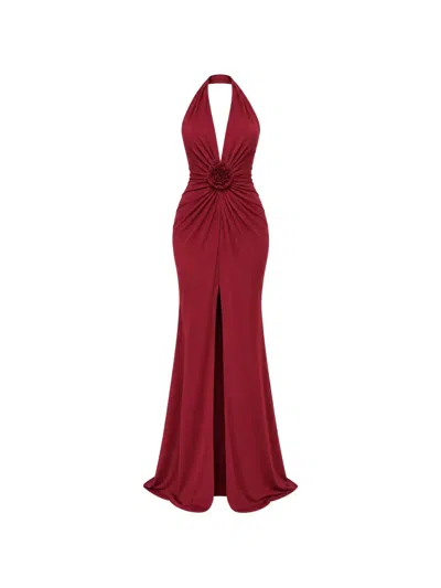 Roserry Mallorca Floral-appliqué Halterneck Fitted Maxi Gown Dress In Red