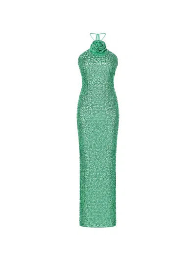 Roserry Sequin-embellished Floral-appliqué Dress In Green