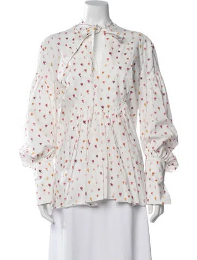 Pre-owned Rosie Assoulin Floral Print Tie Neck Blouse In White