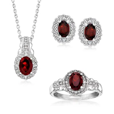 Ross-simons Garnet Jewelry Set With White Topaz Accents: Pendant Necklace, Earrings And Ring In Sterling Silver In Metallic