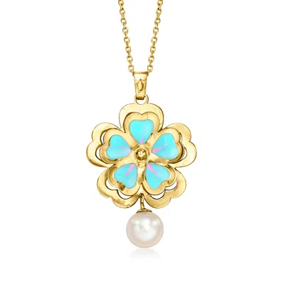 Ross-simons Italian Blue And Pink Enamel Flower Pendant Necklace With 6.5mm Cultured Pearl In 18kt Yellow Gold