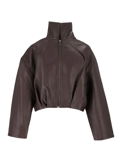 Rotate Birger Christensen Brown Mol Cropped Stand Collar Leather Jacket