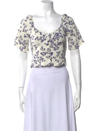 Pre-owned Rouje Floral Print Square Neckline Top In White