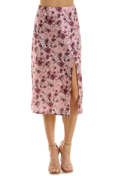 Row A Floral Print Satin Slit Midi Skirt In Pink Floral