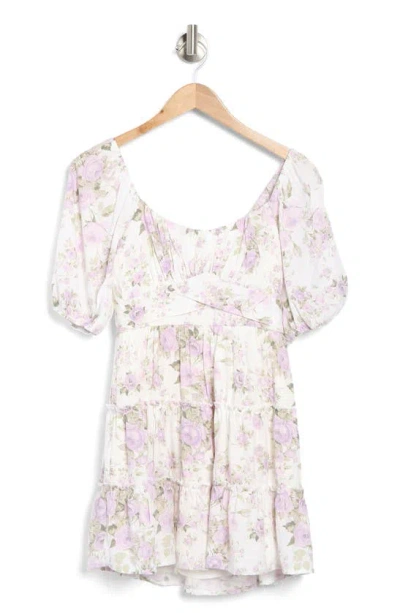 Row A Floral Puff Sleeve Tiered Minidress In White Lavender Floral