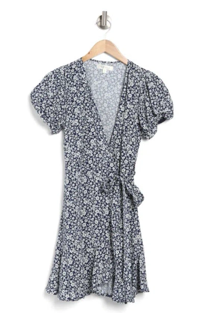 Row A Floral Puff Sleeve Wrap Minidress In Navy Floral