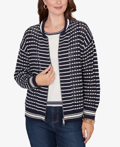 Ruby Rd. Petite Mesh Stitch Zip Sweater Jacket In Blue