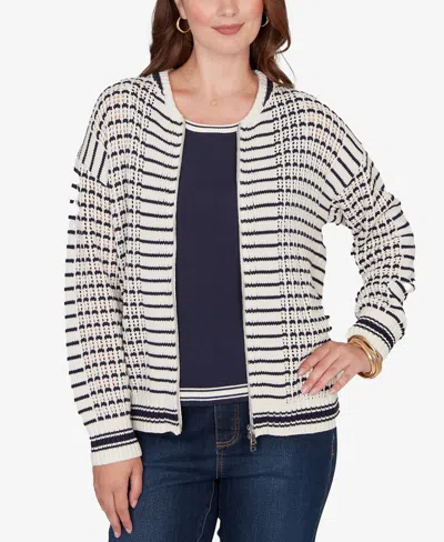 Ruby Rd. Petite Mesh Stitch Zip Sweater Jacket In White