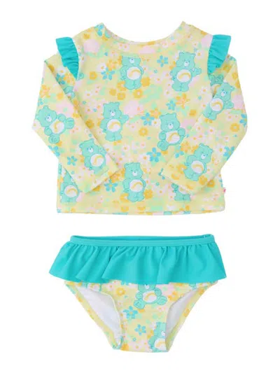 Rufflebutts Kids'  Care Bears Flutter Long Sleeve Rash Guard Skirted 2-piece Swimsuit (baby, Toddler, Littl In Blue